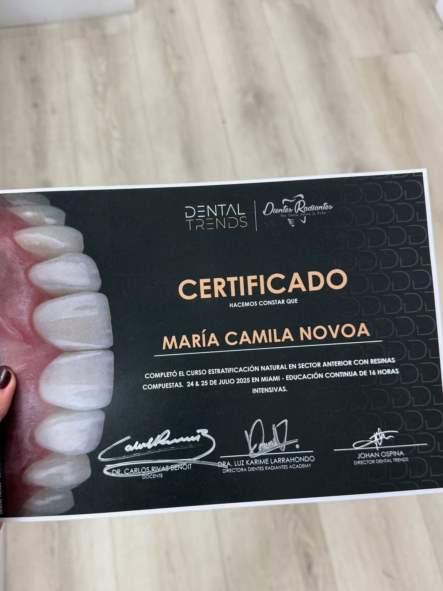 Certificado del curso de estratificación natural con resinas, Miami 2025